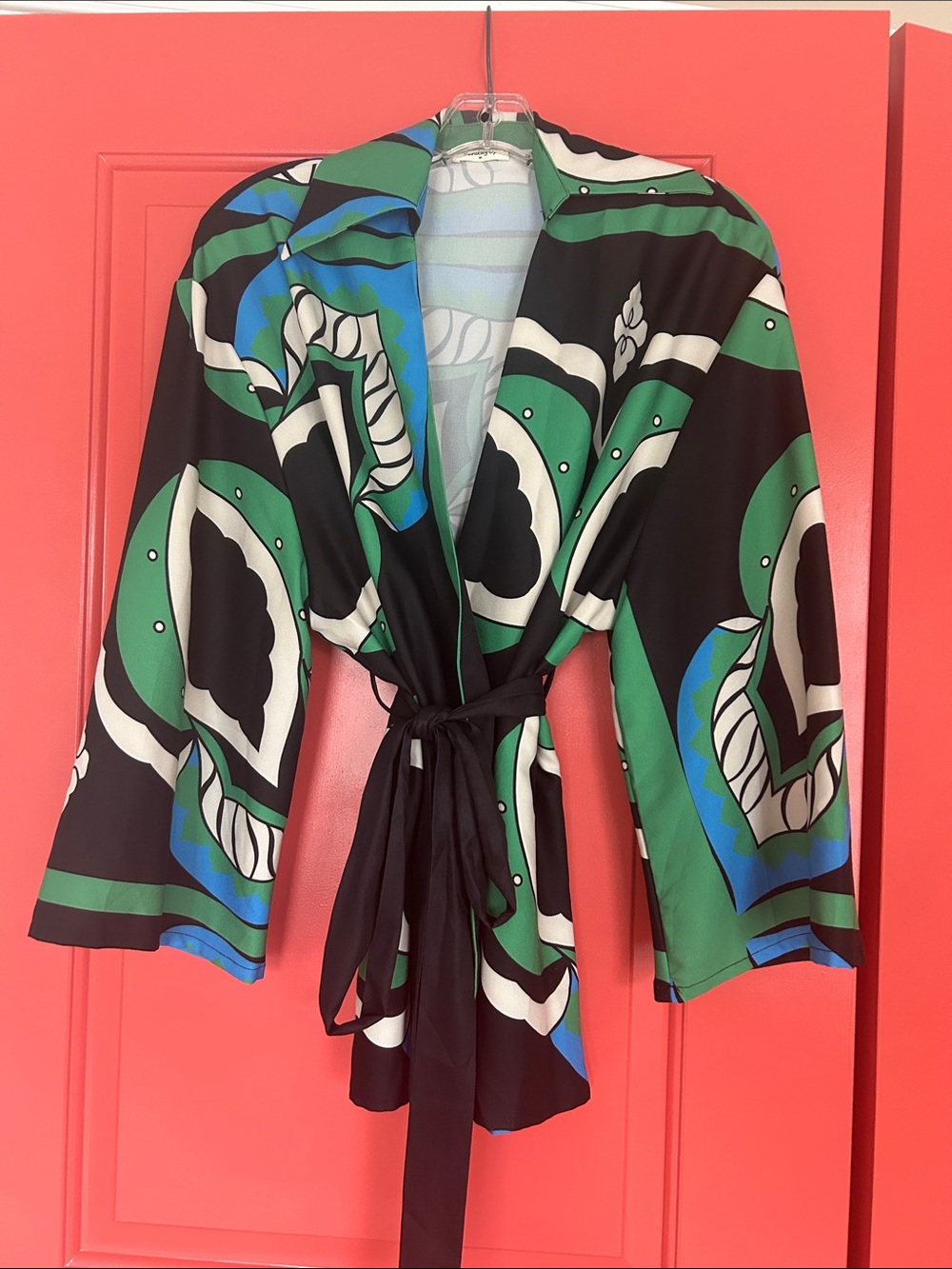 Printed Wrap Blouse in Green, Black & Blue